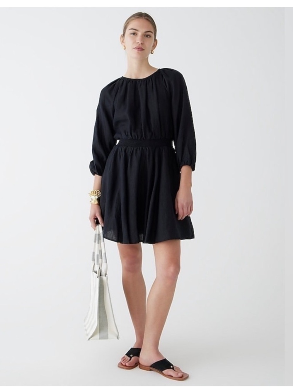 J.Crew Palermo Linen Mini Dress Black Smocked Waist Puff Sleeve A-Line M